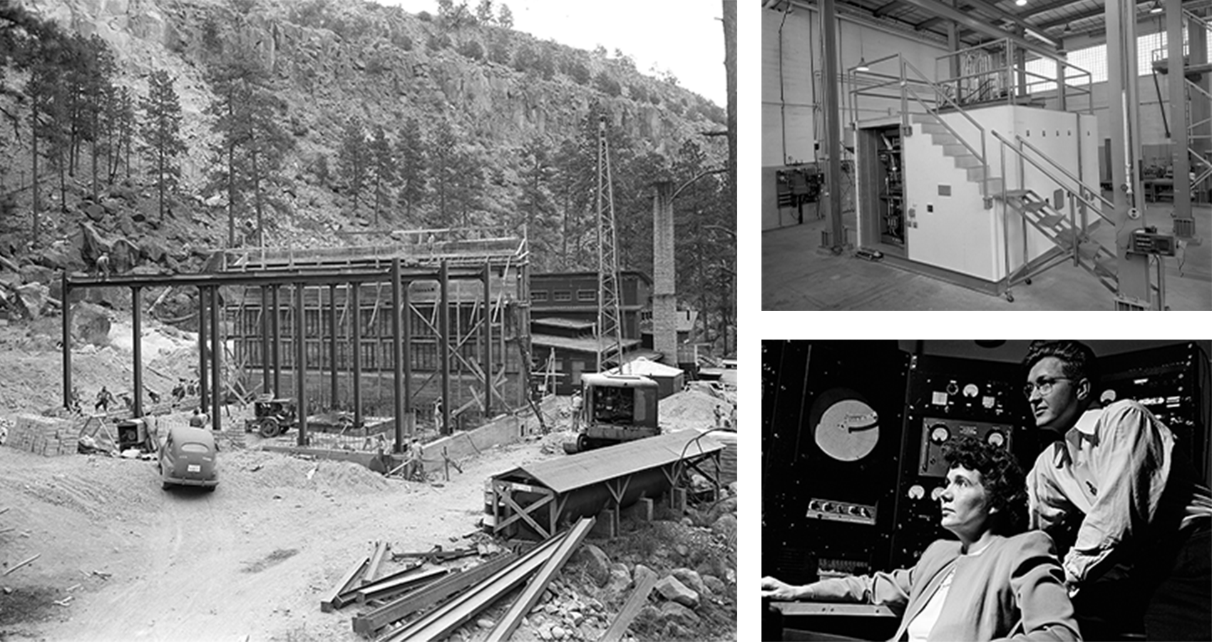 Left: An exterior photo of the building that house the Clementine project. Top Right: An interior photograph of the reactor. Bottom Right: A photo of Jane and David Hall at work.